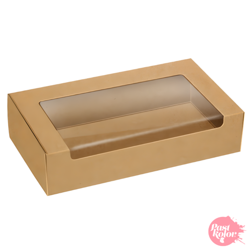 CAJA PARA BOLLERIA KRAFT CON VENTANA - 18 X 9 CM / H 4 CM