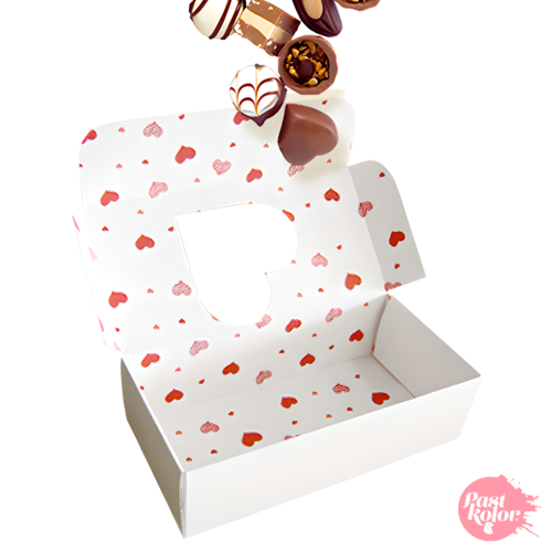 CAJA PARA GALLETAS RECTANGULAR REVERSIBLE - BLANCA Y CORAZONES