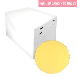 SET 10 CAJAS PARA TARTA ALTURAS AJUSTABLES + BASES REDONDAS DORADA (1 MM) - 18 CM Ø