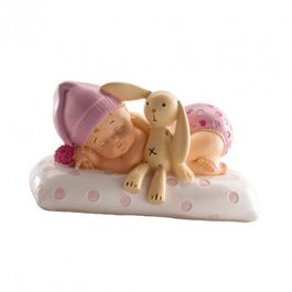 FIGURA PARA TARTA BAUTIZO - BEBE CON PELUCHE ROSA